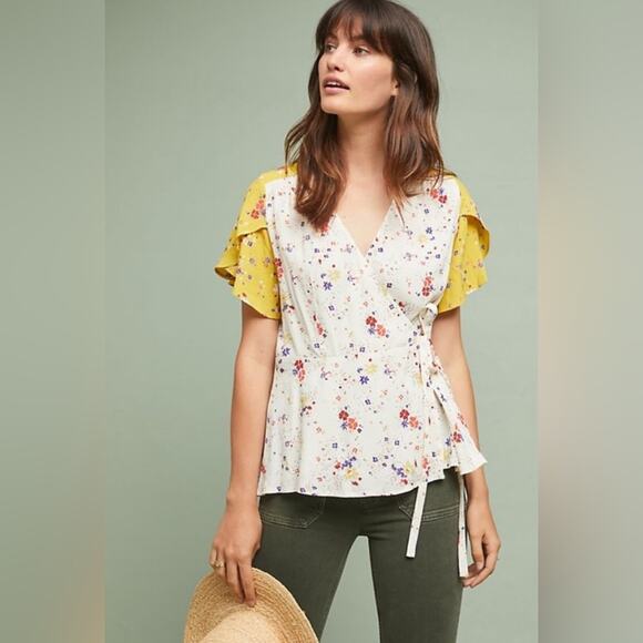 Anthropologie Tops - Anthropologie Meadow Rue Bon Voyage Blouse Size 4 Floral Wrap Top Boho Feminine